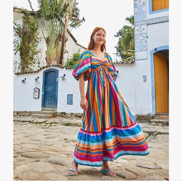 Farm rio large striped rainbow puffy sleeve dress. - Picture 4 of 12